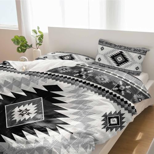 Duvet Cover Set Full, Black Grey Aztec Bohemian 3 Piece Bedding Set