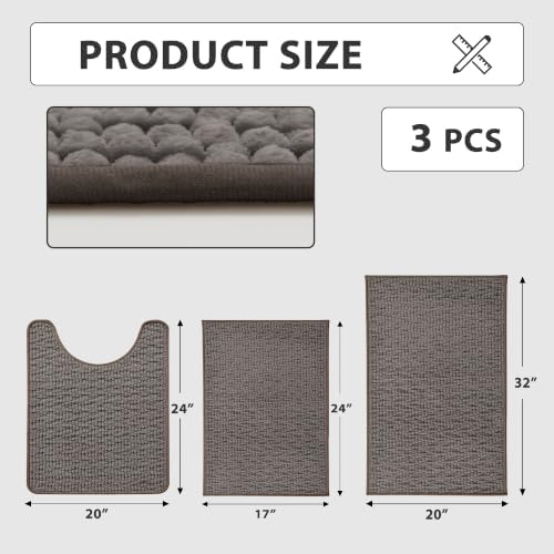 Set of 3 Bath Mats Low Pile Bathroom Rugs, 17"x24"+20"x32"+20"x24"U