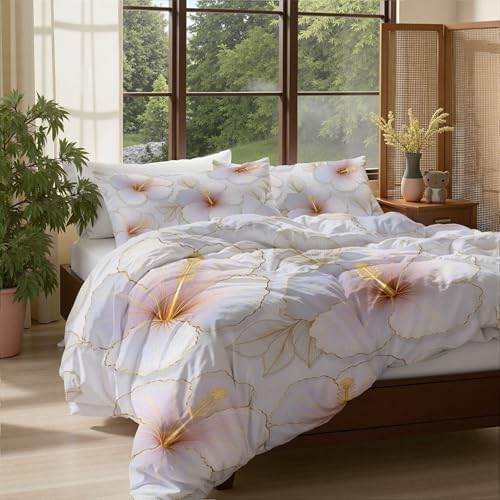 Simple Watercolor Hibiscus Flower Duvet Cover King 3Pcs, Breathable