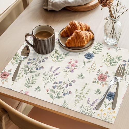 Placemats Set of 8, Beige Wildflowers Woven Placemat, Linen Place Mats