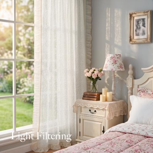 RYB HOME Ivory Embroidered Lace Sheer Curtains 96 Inch for Bedroom
