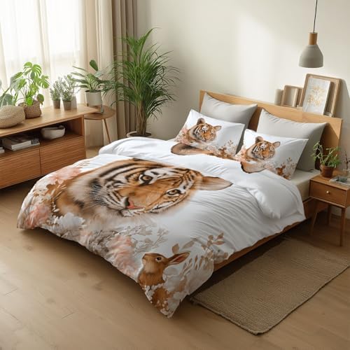 King Duvet Cover Set Animal Tiger Flower Soft Microfiber Reversible
