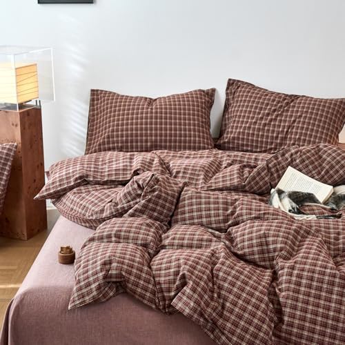 Burgundy Checkered Washed Cotton Duvet Cover Queen