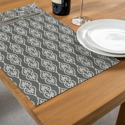Grey Boho Placemats Set of 6, Washable PVC Kitchen Table Mats Place