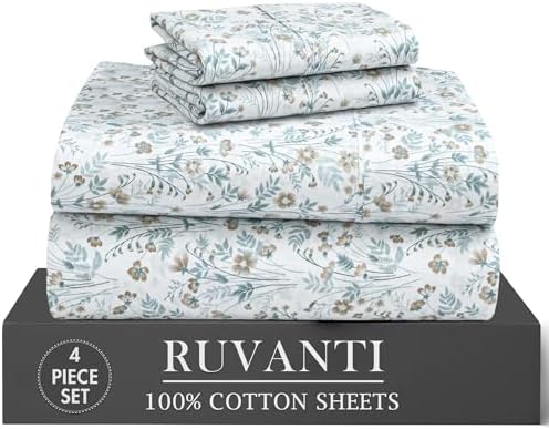 RUVANTI 100% Cotton Twin Sheets, Percale Twin Sheet Set, Fleur & Field