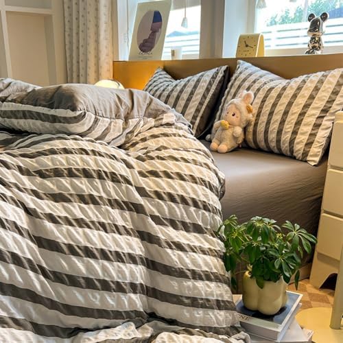 Comfort Washed Cotton Striped Duvet Cover Set, Super Soft Seersucker