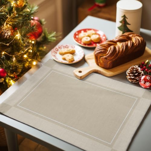 Beige Plaid Placemats Set of 4, Cotton Linen Fabric Place Mats