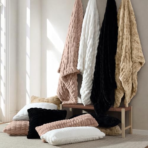HiEnd Accents Ruched Rabbit Double-Sided Cream Oversized Throw, 50x80