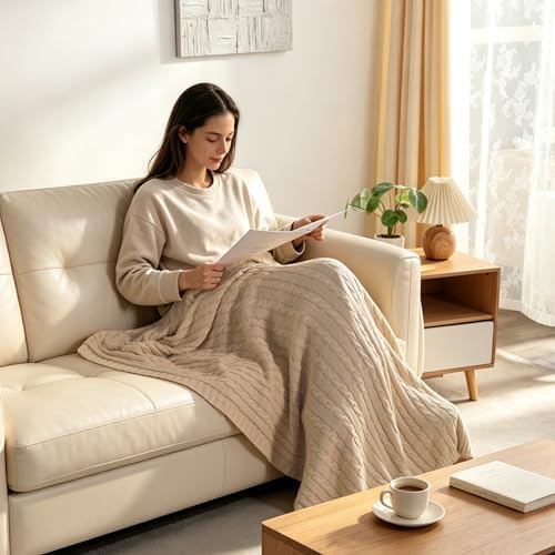 100% Cotton Cable Knit Throw Blanket, Ultra Soft, Warm, Machine