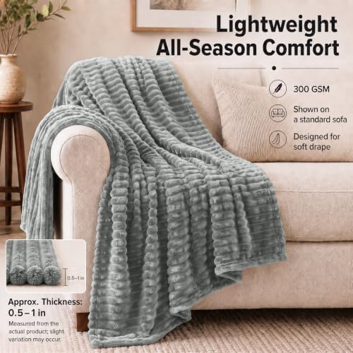 HIMEET Grey King Size Blanket for Bed, 300GSM Ribbed Fleece