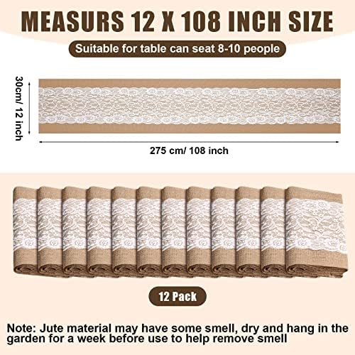 Tatuo 12 Pieces Burlap Table Runners with Lace 12 x 108 Inch Long