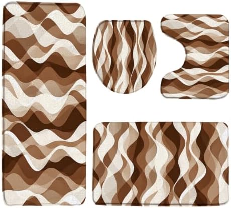 Brown Abstract Striped Bathroom Rugs Sets 4 Pcs