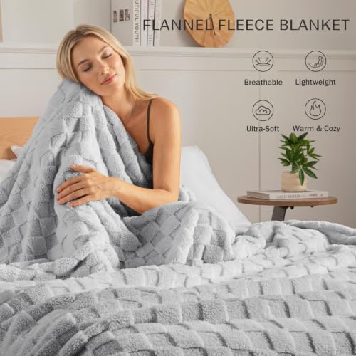 Exclusivo Mezcla 3D Checkered Fleece King Blanket for Bed, Light Grey