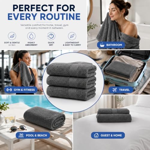 Pack of 4 Extra Large Bath Towels 30 x 60 Inches, 100% Combed Yarn