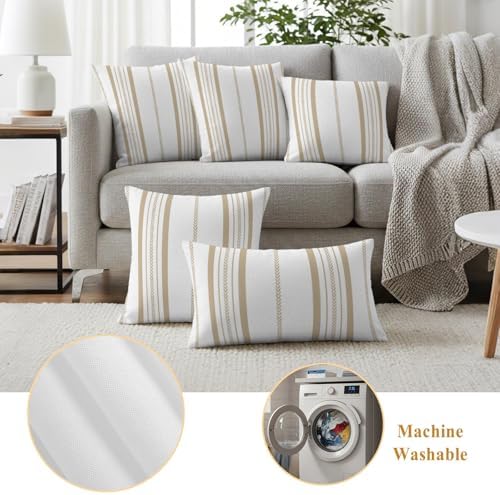 Outdoor Waterproof Pillow Covers 18x18 Inch Cream Stripes Pack of 2