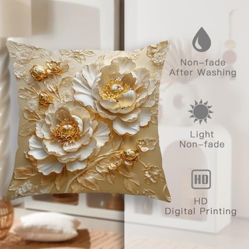 Gold Floral Pillow Covers Set of 2, Cream Peony Decorative Throw