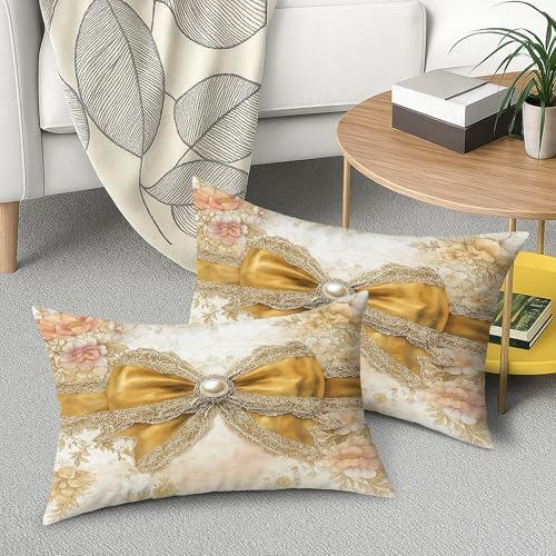 Vintage Floral Throw Pillow Covers Set of 2, Cream and Gold Decorative