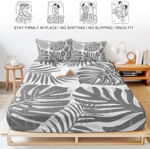 Twin XL Sheet Set Grey Palm Leaves Bed Sheets Set with 16 Inch Deep