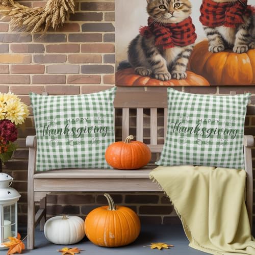 Happy Thanksgiving 16x16 Pillow Covers Set of 2, Green Plaid Fall
