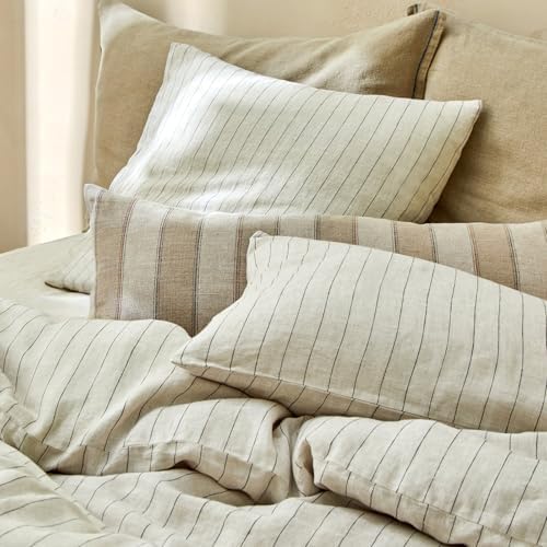 mixinni 3 Piece Striped Duvet Cover Set, Neutral Washed Cotton Linen