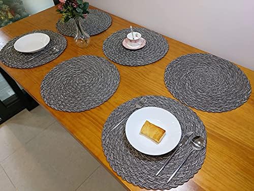 Zupro Round Placemats Set of 6,15" Cross Braid Cotton Table Mats-Dark