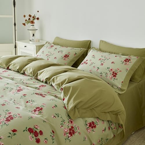 YuHeGuoJi Red Flower Duvet Cover Queen 100% Cotton 3 Pcs Set 1 French