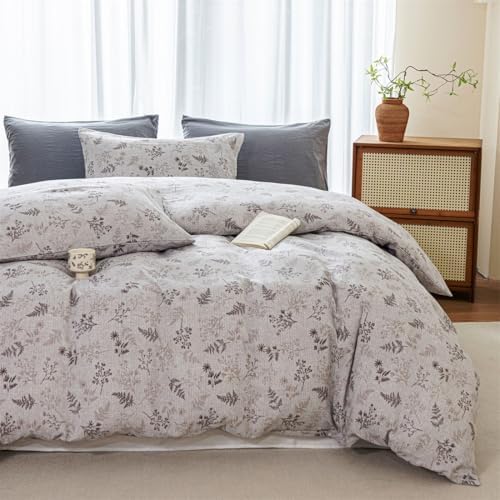 Full Duvet Cover Set - Soft Botanical Leaf Pattern Bedding 3 Pieces