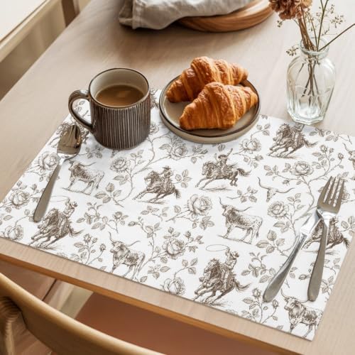 Cowboy Botanical Placemats Set of 6, Cotton Linen Fabric Place Mats