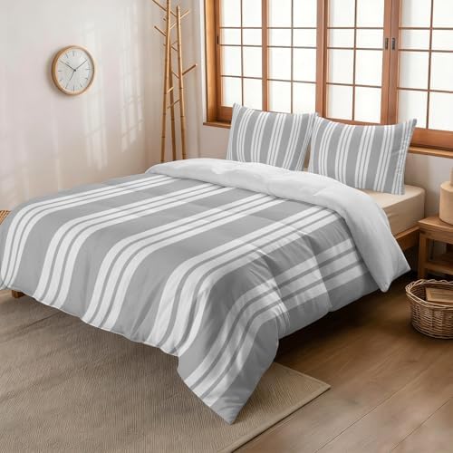 3 Pieces Bedding Set King Size, Striped Grey Soft Duvet Covers Set