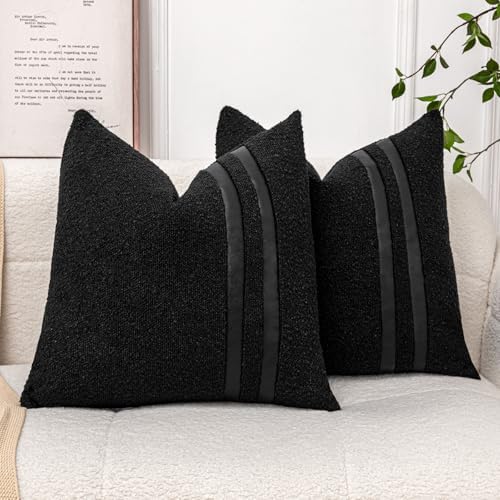 18x18 Black Boucle Throw Pillow Covers with Leather Accent, 2 PC