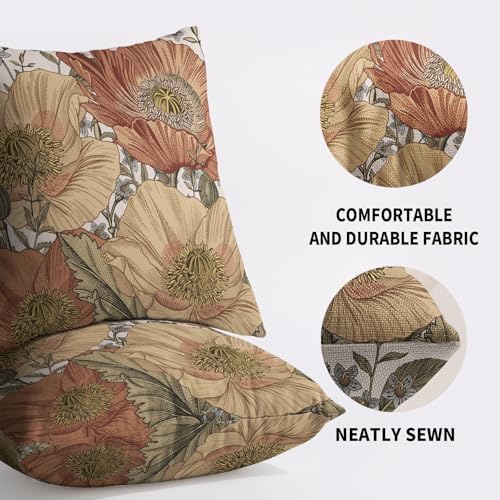 Vintage Floral Pillow Covers 18x18 Inch Set of 2, Brown Rust Red