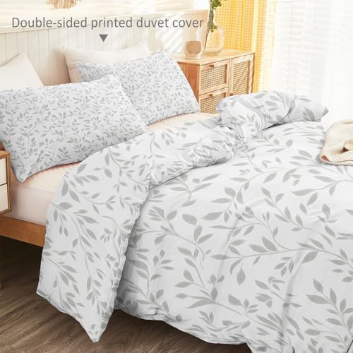 Duvet Cover King - Simple Leaves Vines Bedding Set Light Gray Soft