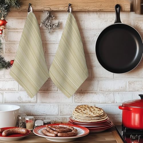Rustic Beige Striped Kitchen Towels Set of 3, Absorbent Microfiber