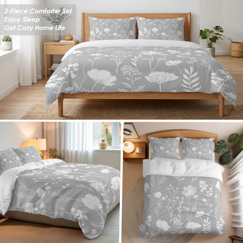 3 Pieces Bedding Set Queen Size, Grey Wildflowers Soft Duvet Covers