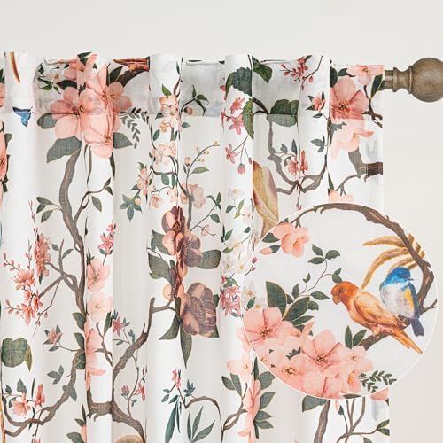 Beige White Floral Bird Linen Curtains 63 Inch 2 Panels for Living