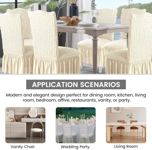 6 Pack Stretch Elastic Dining Chair Covers with Skirt, Washable, Ivory