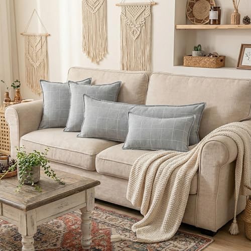 Grey Pillows Neutral Gray Plaid Linen Throw Pillow Covers 18x18 Set of