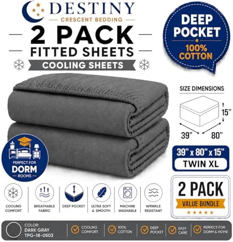 Twin XL Cotton Knit Jersey Fitted Sheets, 2-Pack, 15" Deep Pocket