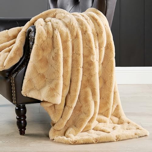 Jacquard Plaid Faux Rabbit Fur Plush Throw Blankets Reversible with
