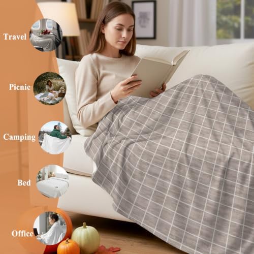 Taupe Plaid Blanket Plush Cozy Fuzzy Throw Blanket for Couch/Travel