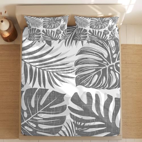 Twin XL Sheet Set Grey Palm Leaves Bed Sheets Set with 16 Inch Deep