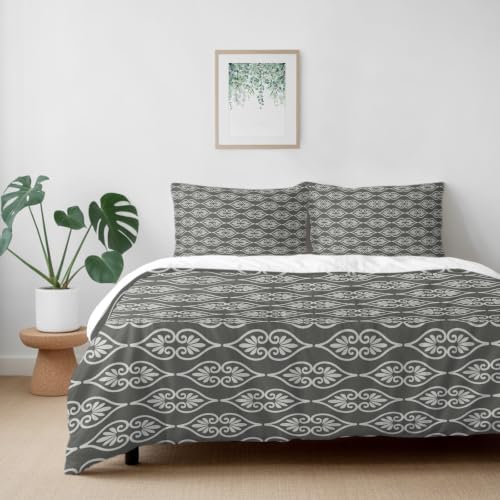 Grey Boho Duvet Cover Queen Size, Farmhouse Neutral Chic Abstract