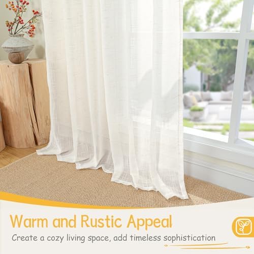 YoungsTex Extra Long Linen Semi Sheer Curtains 108 Inch Length - Ivory