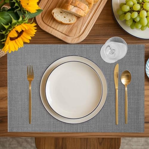 Placemats Set of 8, Classic Solid Gray Washable Table Mats for Dining