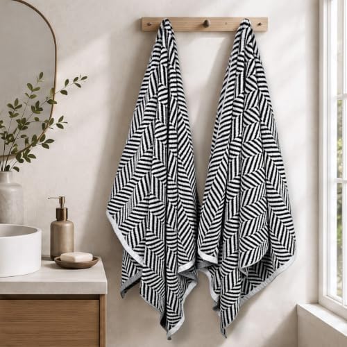 Cleanbear 8 Piece Black and White Herringbone Towel Set, 100% Cotton