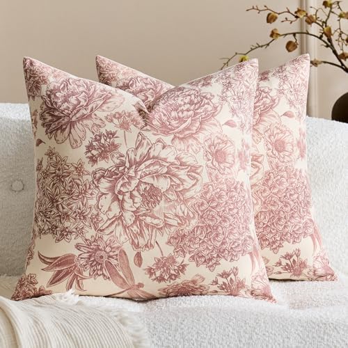Floral Vintage Pillow Covers 18x18 Inch Set of 2 Red White Farmhouse