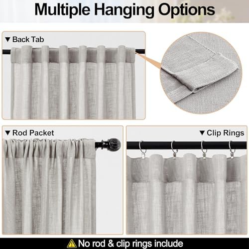 decorUhome Linen Semi Sheer Curtains 63 Inch Long, 2 Panels Light