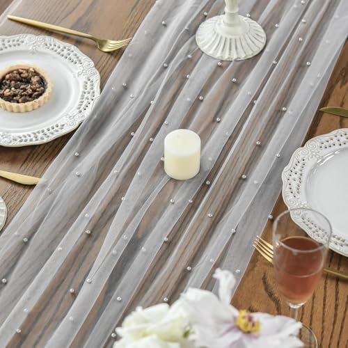 Artoid Mode Pearl Grey Gauze Table Runner 10FT Home Decor