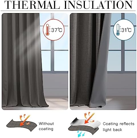 RYB HOME Grey Linen 100% Blackout Curtains 120 Inch Long for Living