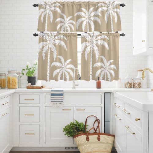 Brown Palm Tree Kitchen Curtains Set, Coastal Tropical Summer Coconut